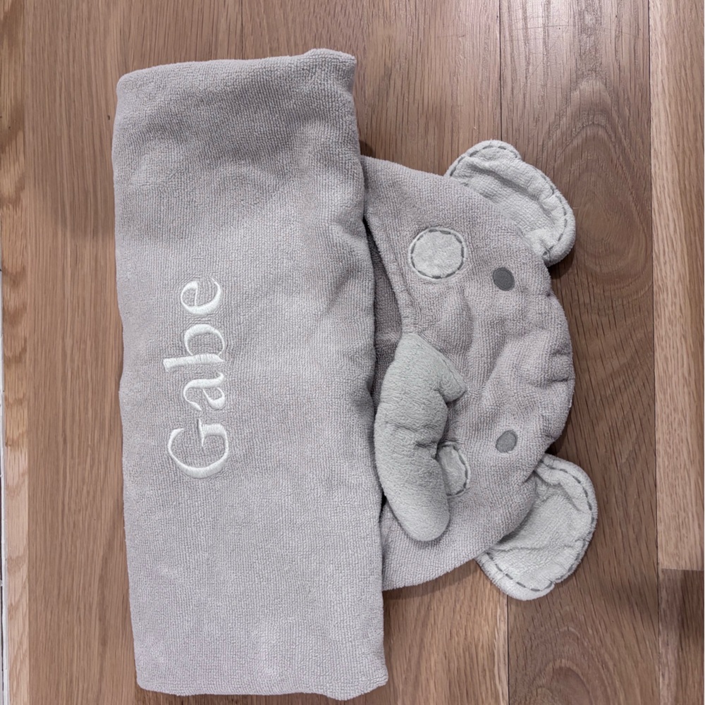 Pottery Barn Kids Gray Elephant Baby Hooded Towel with Embroidered Name “Gabe”